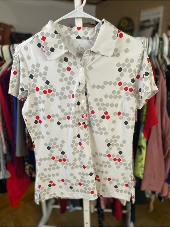 Nvo Tops - Geo Dot Polo Tee in White with Red & Gray Accents - Golf Tee